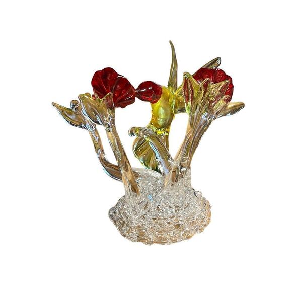 Beautiful Glass Hummingbird Figurine with Flowers. Red/Green. Shelf Decor. Bird. - Picture 4 of 8